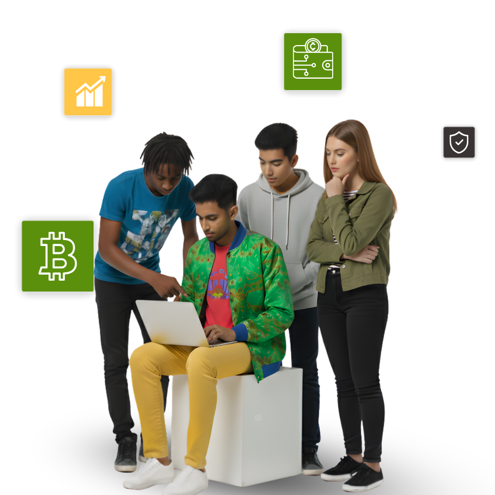 Four young people looking at a laptop together, icons of Bitcoin and finance around them.