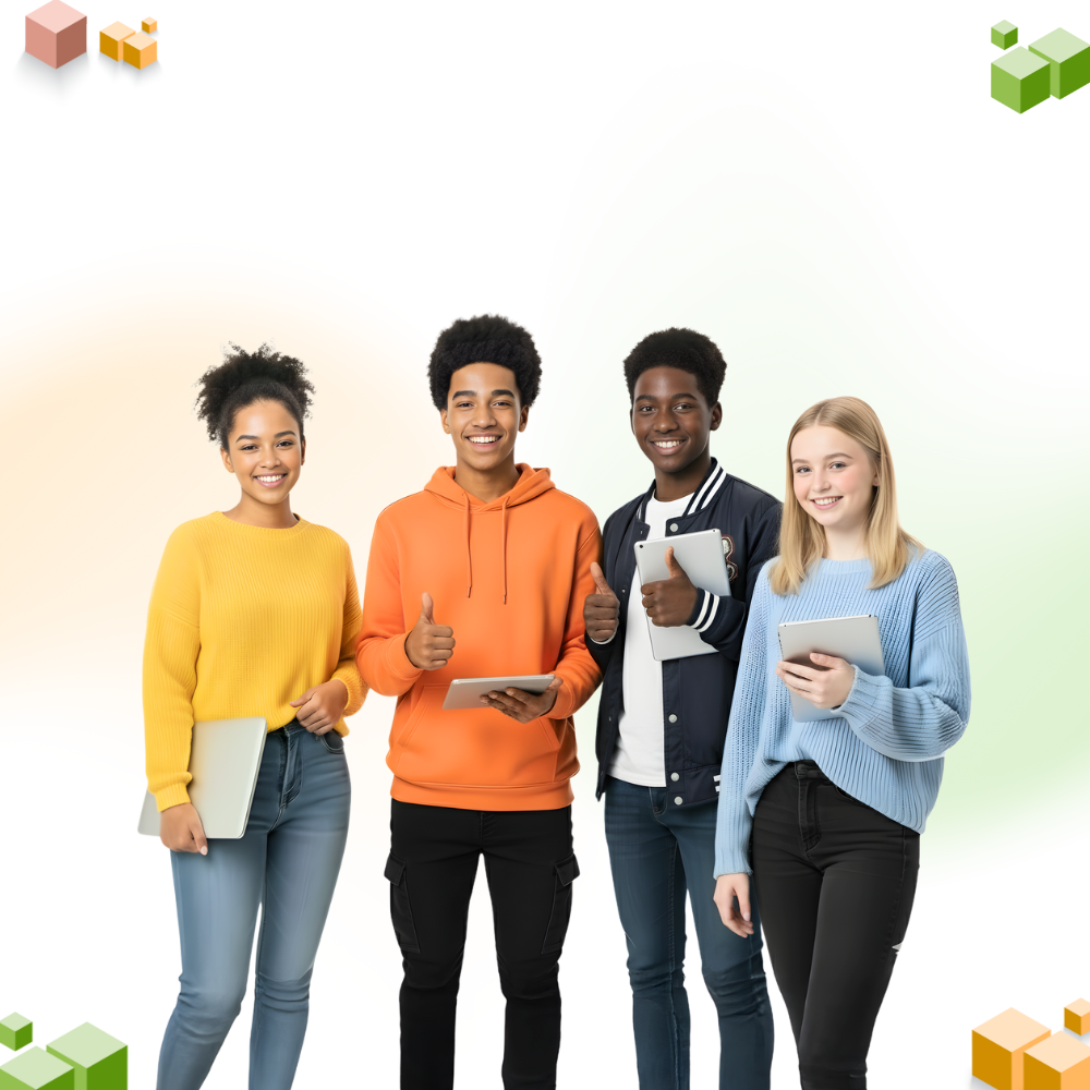 Four students holding tablets, smiling, against a gradient background with geometric shapes.