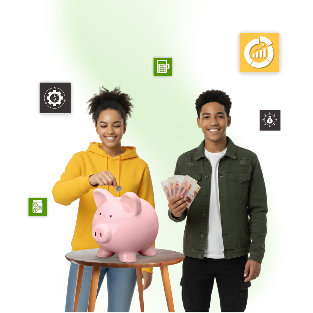 Two teens, one adding coin to a piggy bank, the other holding cash, with financial icons.
