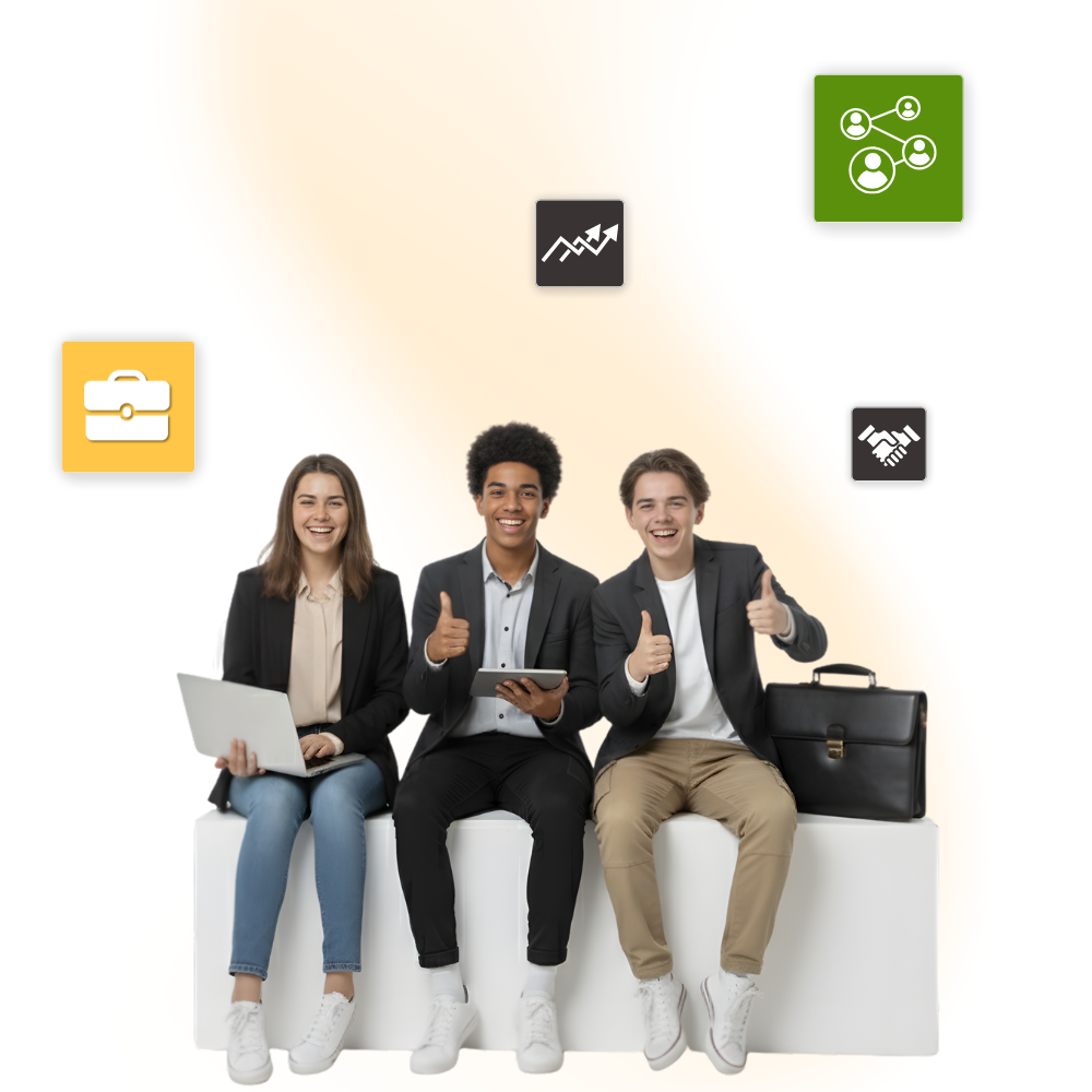 Three young people on a white bench, giving thumbs-up. Icons float overhead: briefcase, graph, networking, and handshake.