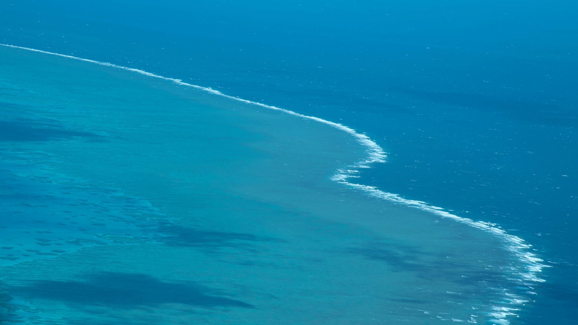An aerial view of a coral reef in the ocean.