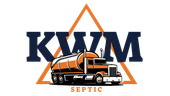 A logo for kwam septic with an orange truck