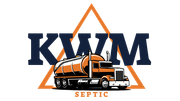 A logo for kwam septic with an orange truck