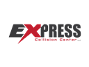 Logo for Express Collision Center, featuring stylized black text with a large, red "X" and smaller text below.