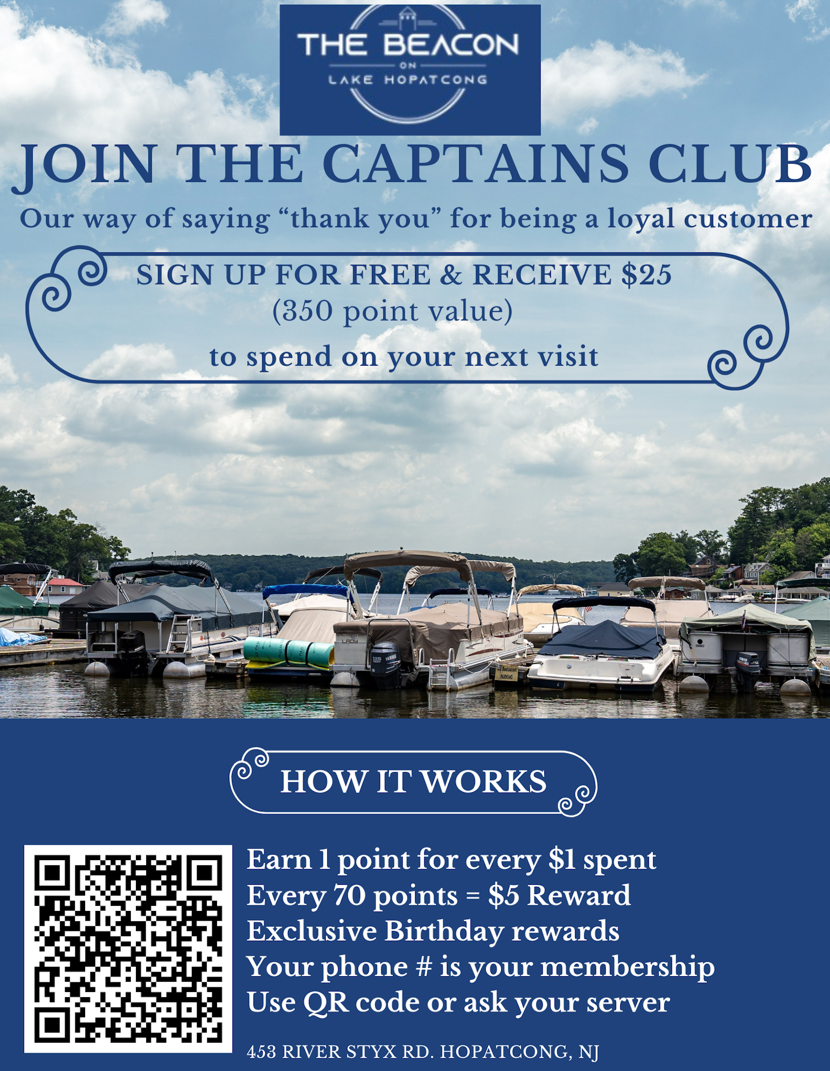 Flyer: The Beacon lake resort, join the Captains Club, sign up for free, earn rewards, view of the lake with boats.