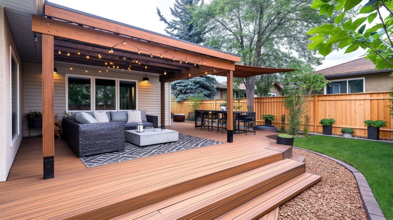 Modern backyard deck with wood pergola, outdoor seating, string lights, and lush landscaping in a fenced yard.