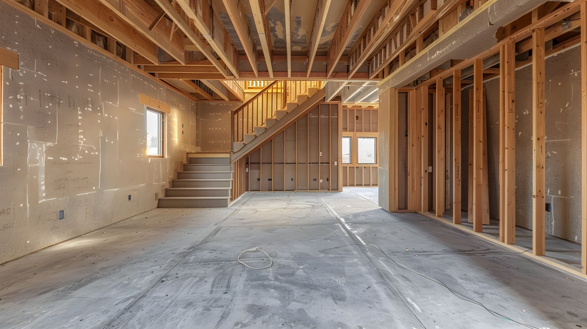 Un sous-sol vide dans une maison en construction avec un escalier.