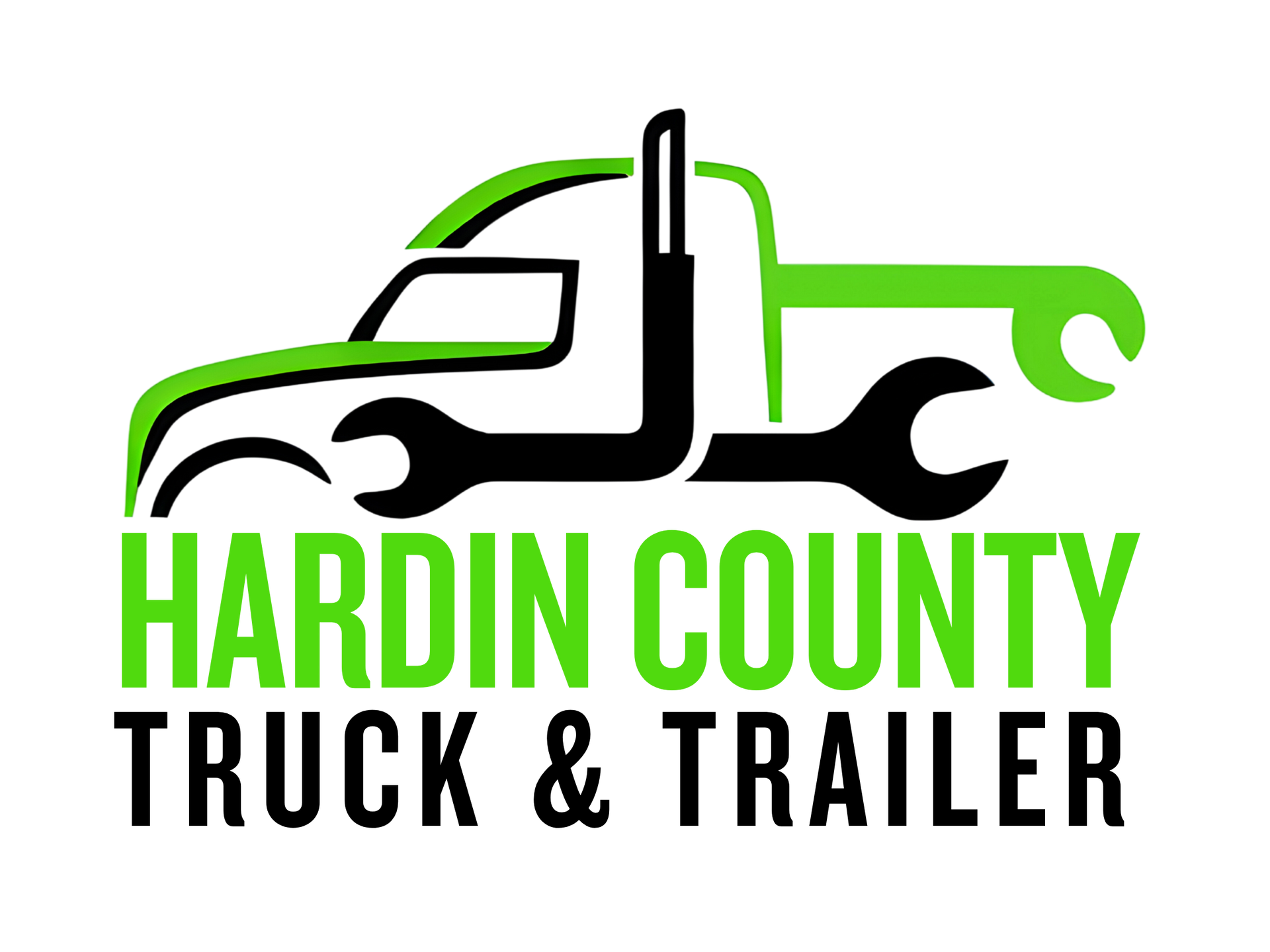 The logo for hardin county truck and trailer shows a truck with a wrench attached to it.