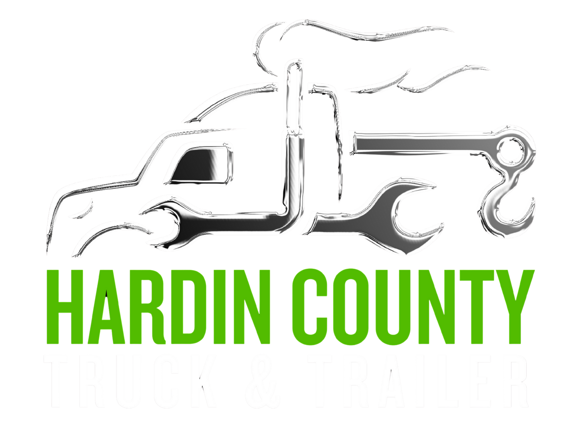 The logo for hardin county truck and trailer shows a truck with a wrench attached to it.