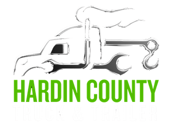 The logo for hardin county truck and trailer shows a truck with a wrench attached to it.