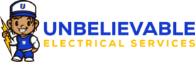 Cartoon electrician holding lightning bolt, blue uniform, "Unbelievable Electrical Services" text.
