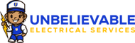 Cartoon electrician holding lightning bolt, blue uniform, "Unbelievable Electrical Services" text.