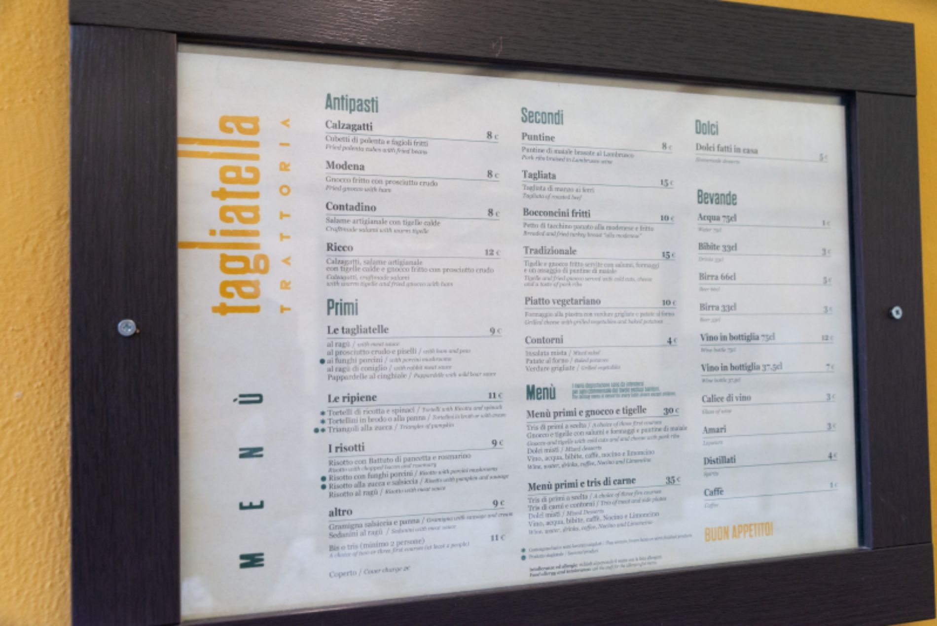 menù di una trattoria