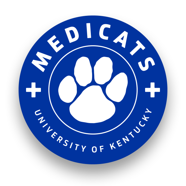 Circular blue logo with white Medicats text, University of Kentucky text, and a paw