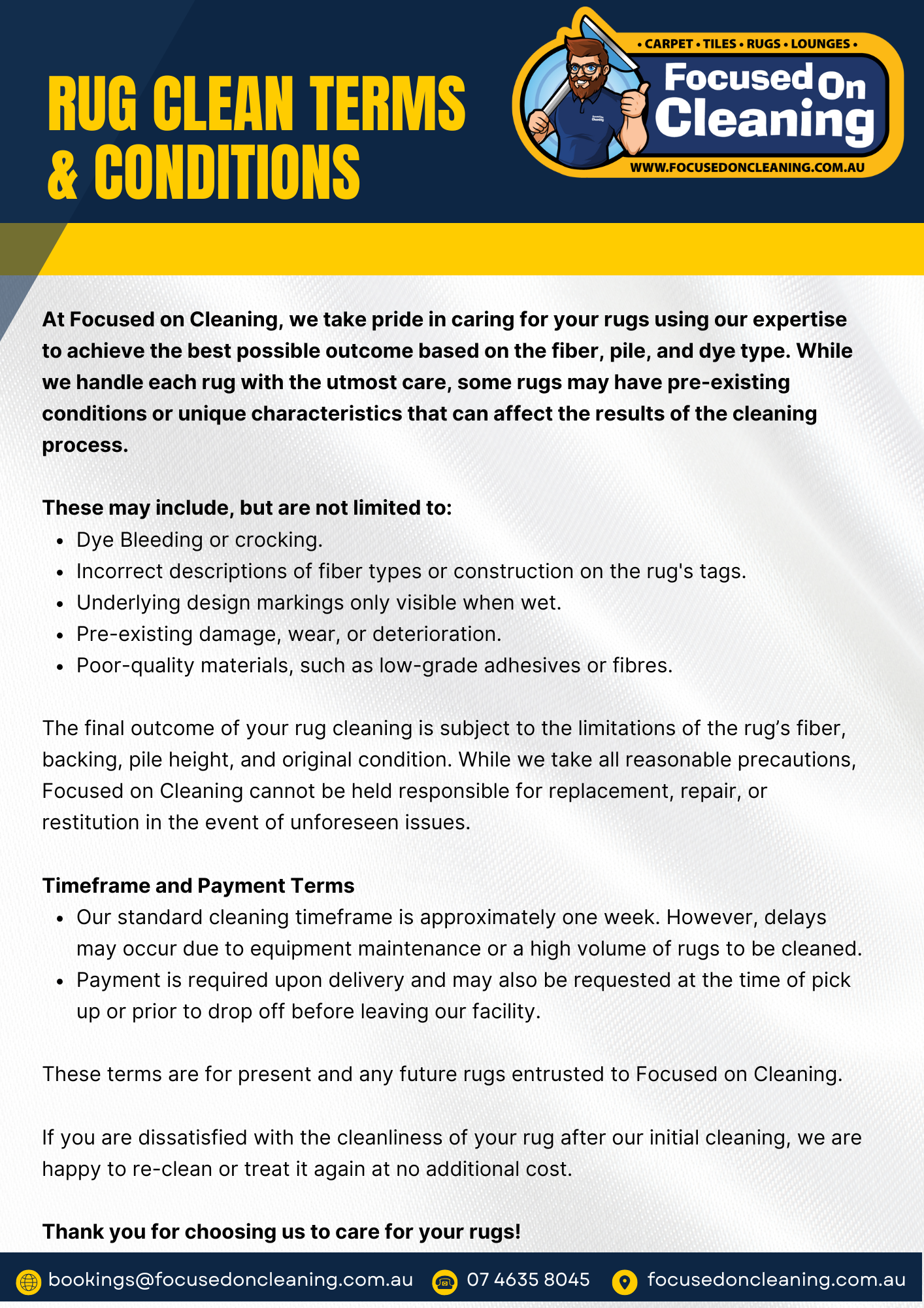 Image of terms and conditions ofr rug cleaning in blue and yellow