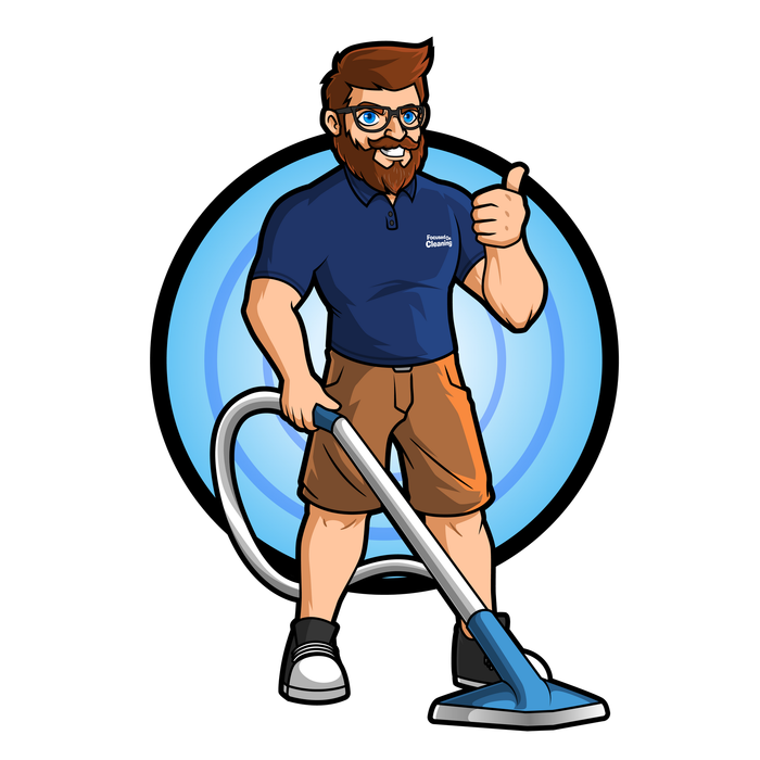 Focused on Cleaning Logo with brown bearded man in uniform with a carpet cleaning wand