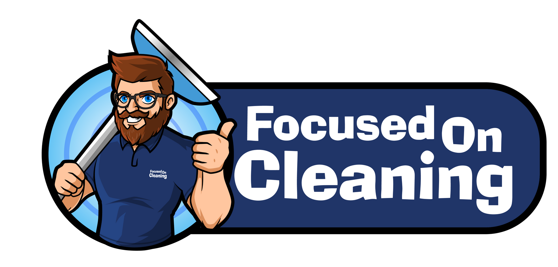Focused on Cleaning Logo with white text and dark blue backgound with a bearded man holding acarpet cleaning tool to the left.
