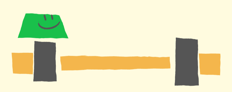 A smiling green shape sits above a bridge, composed of grey pillars and a yellow beam.