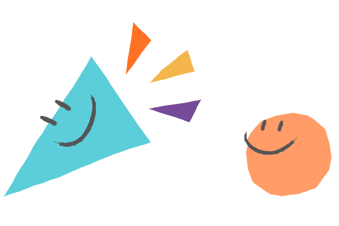 Blue triangle with confetti smiles at an orange circle with a smile.