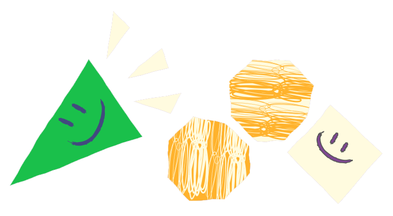 Green triangle with a smile and light rays, two yellow octagons, and a smiling square, on white.