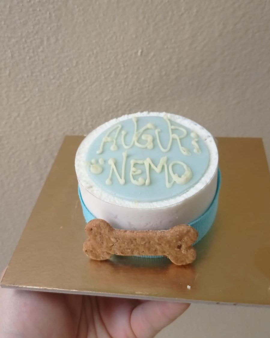 Torta a forma di cane decorata a forma di ciotola, con un dolcetto a forma di osso e la scritta 