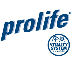 "Logo ProLife con la parola 'prolife' in blu e un logo circolare raffigurante un cane e un gatto, con la scritta 'Vitality System'."