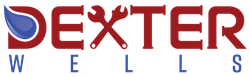 Logo for Dexter Wells, a plumbing company. Red text