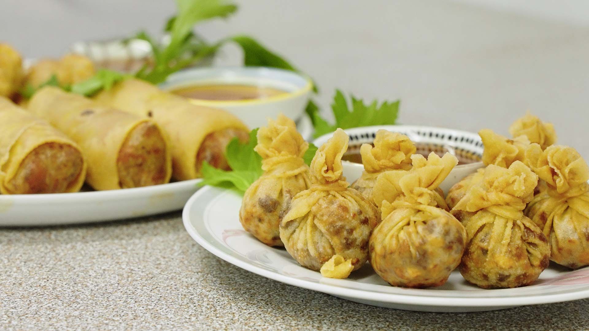 A Plate of Food With a Bowl of Dipping Sauce Next to a Plate of Food — One Thai Cuisine & Noodle Bar In Kirwan, QLD