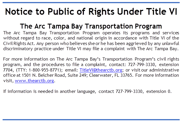 Notice to Public of Rights Under Title VI — Clearwater, FL — The Arc Tampa Bay