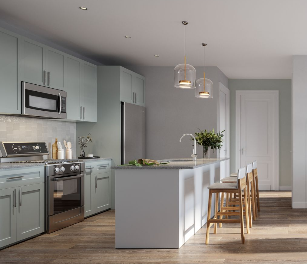 Open-concept apartment living room and kitchen.
