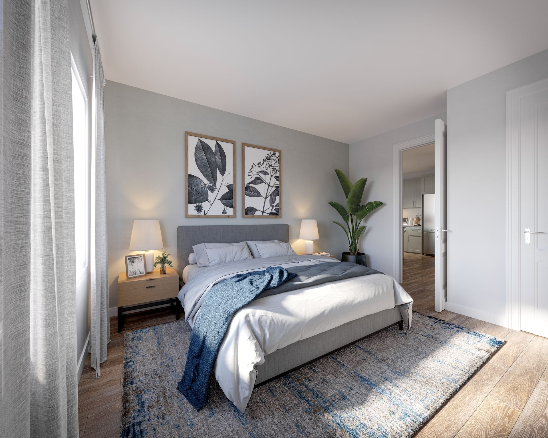 Modern apartment bedroom with bed and TV.