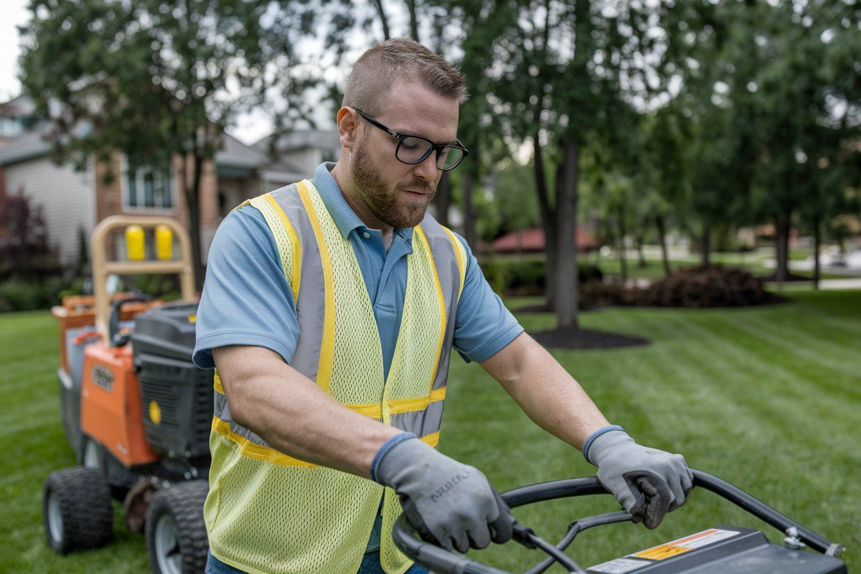 A man is using a lawn mower on a lush green lawn.