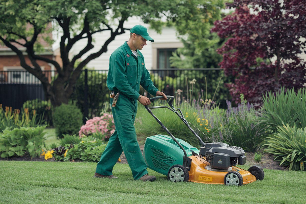 A man is using a lawn mower to cut the grass in a garden.