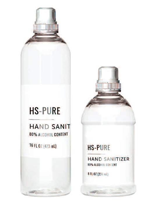 Two clear bottles of HS-Pure hand sanitizer, one 16oz and one 8oz, with silver caps.
