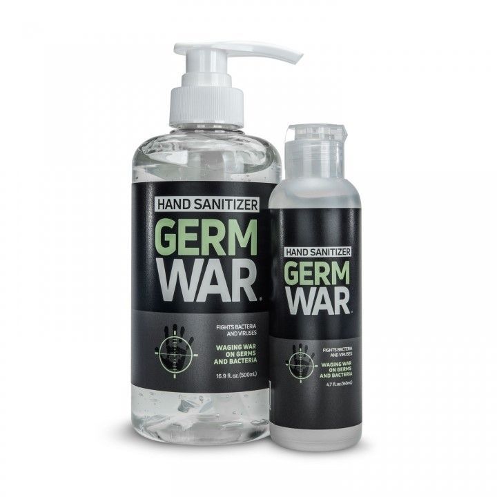 Two hand sanitizer bottles, large with pump, small with cap; labeled