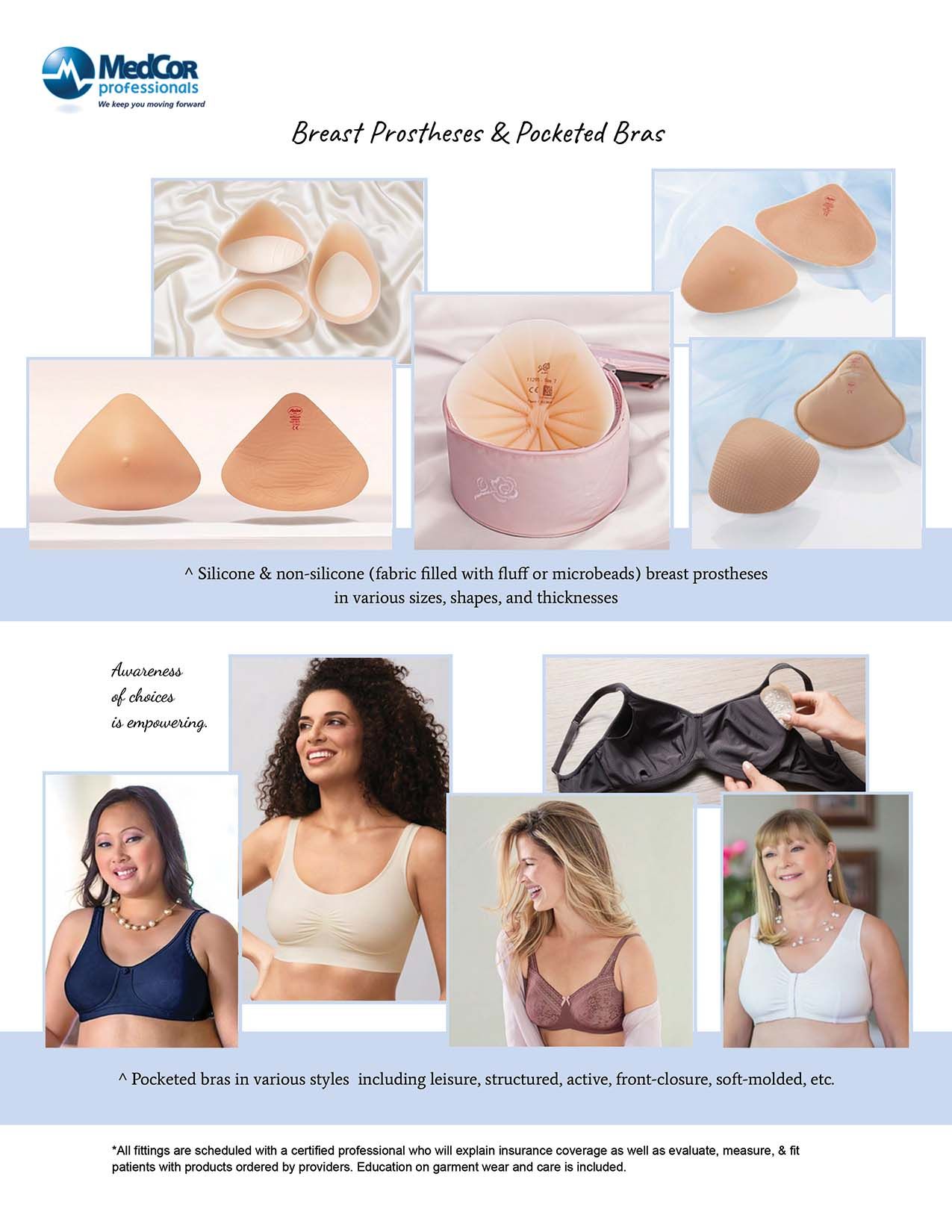 Breast prostheses and mastectomy bras. Various skin-tone prosthetic shapes, and women modeling different bra styles.