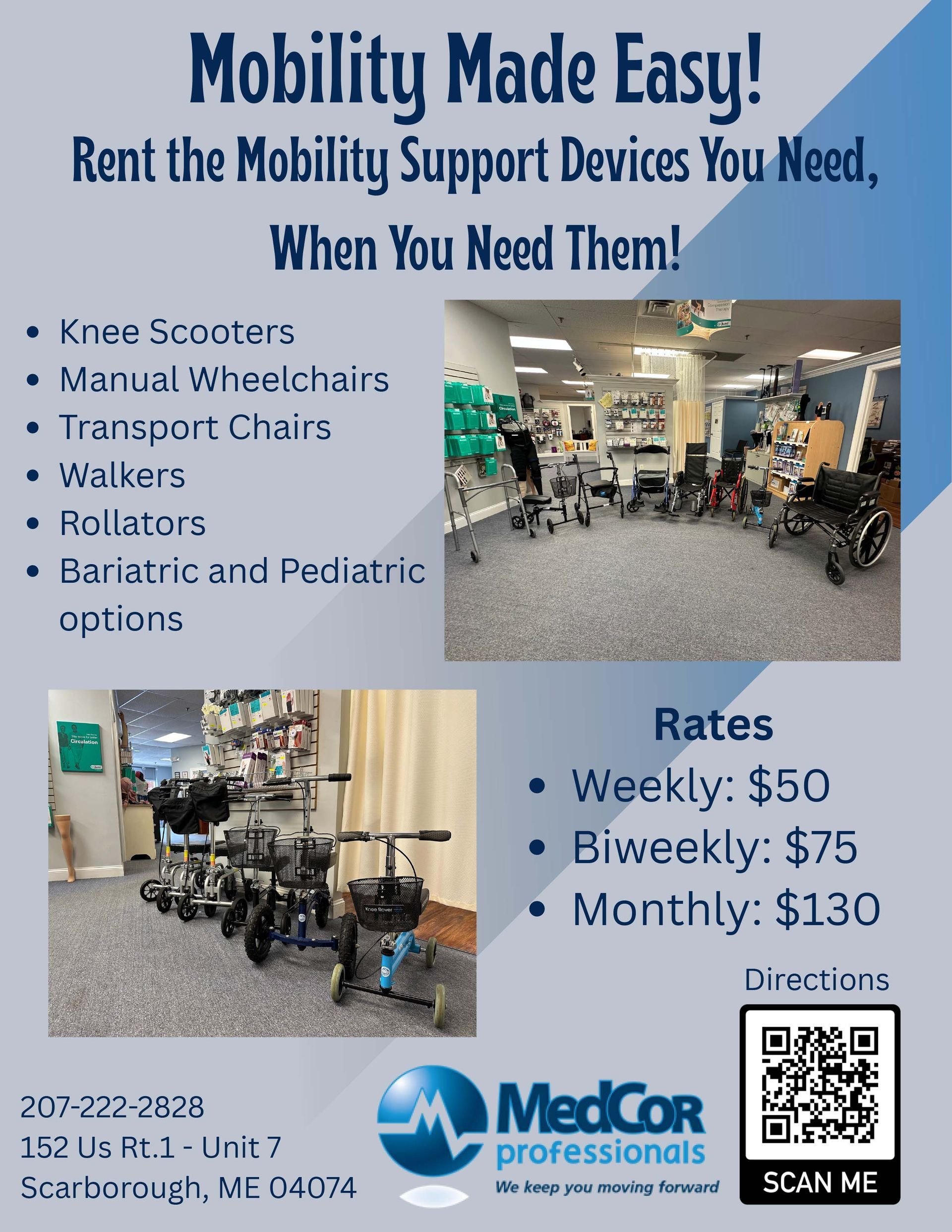 Advertisement for MedCor Professionals, renting mobility devices. Shows store photos, rates, and contact information.