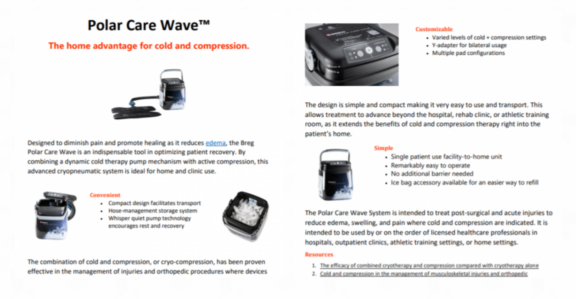 Polar Care Wave product guide:  cool compression system.  Features, benefits, single use with accessories, and patient examples.
