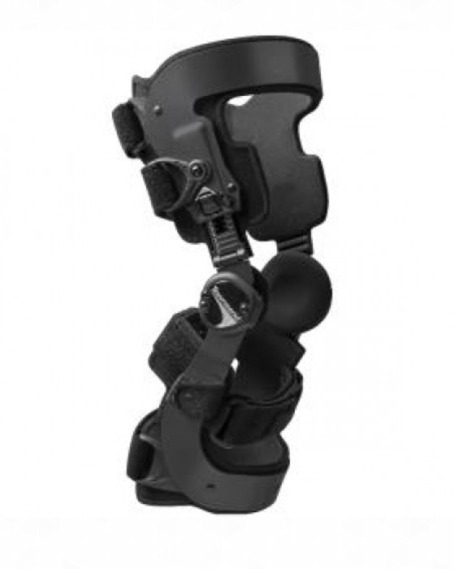 Black knee brace, likely for support and stability. Features straps, hinges, and padding.