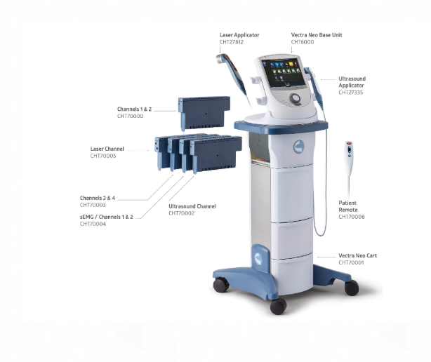 Medical device on wheels with touchscreen, applicators, and channels labeled.
