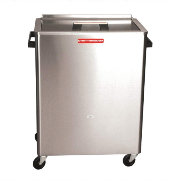 Stainless steel Chattanooga medical equipment cart with wheels and handles.