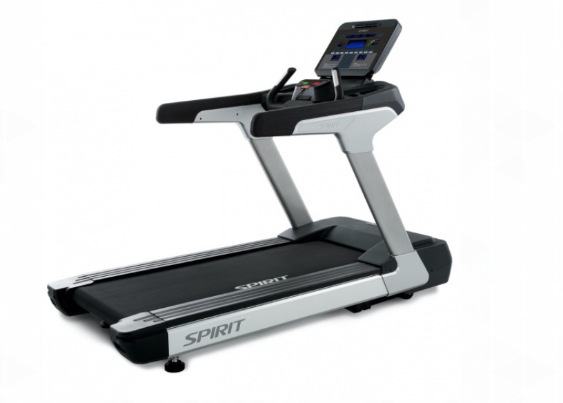 A Spirit treadmill with a black belt, silver frame, and control panel.