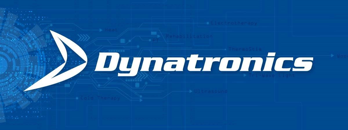 Dynatronics logo: white stylized arrow on blue background with the word