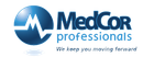 Logo for MedCor professionals. Blue circle with a white pulse line and the company name, slogan below.