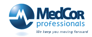 Logo for MedCor professionals. Blue circle with a white pulse line and the company name, slogan below.