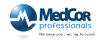Logo for MedCor professionals. Blue circle with a white pulse line and the company name, slogan below.