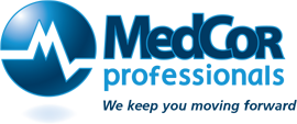 MedCor logo: Blue sphere with white 