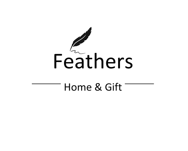 A black and white logo for feathers home and gift.