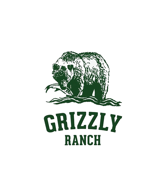 A grizzly ranch logo with a bear on a tree branch.