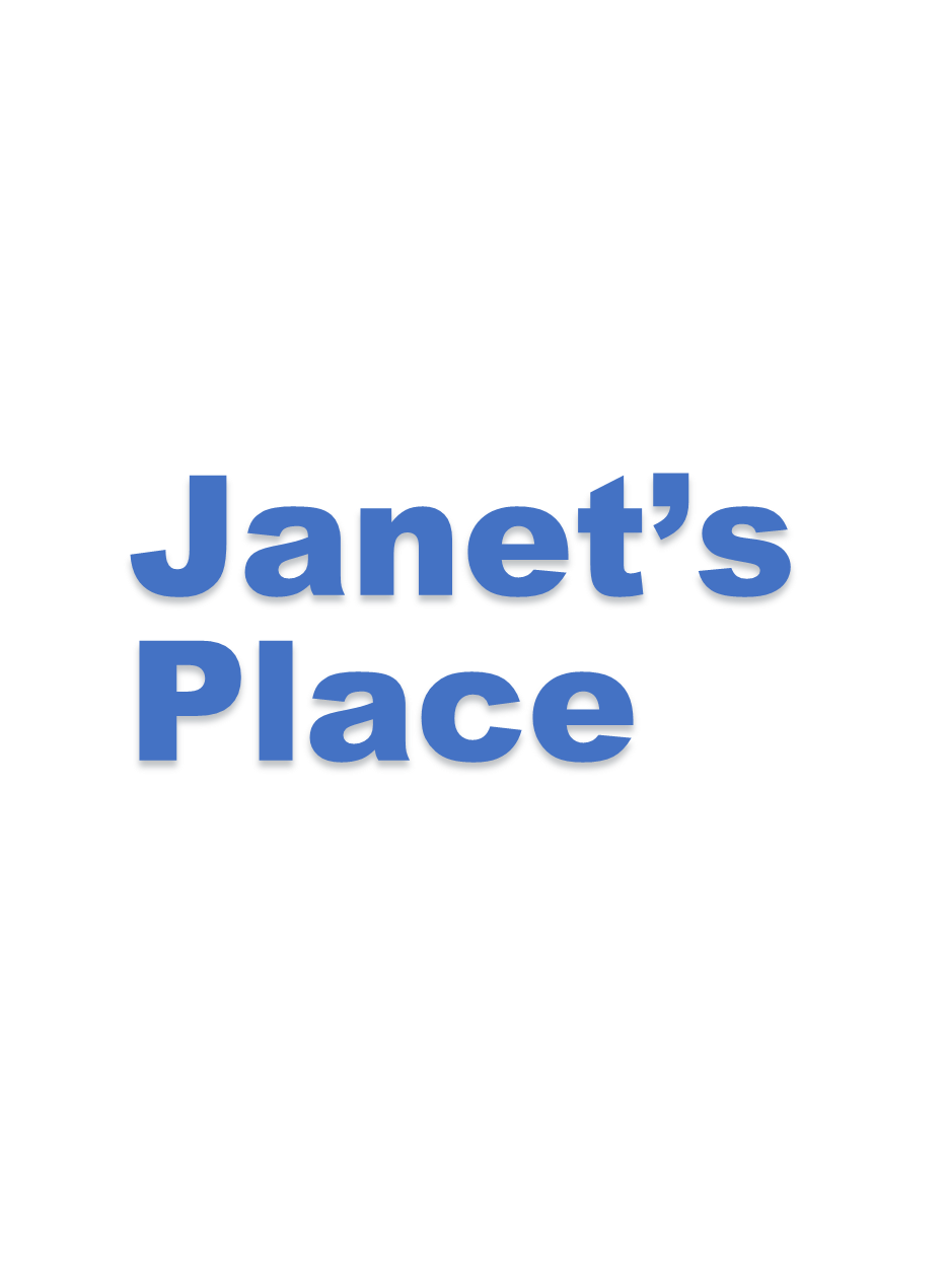 A blue logo for janet 's place on a white background.